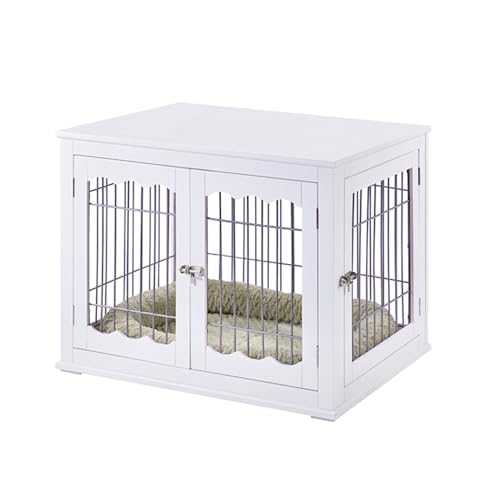 unipaws Furniture Style White Dog Crate for Medium Dogs, Indoor Aesthetic Puppy Kennel, Modern Decorative Wood Wire Pet House Dog Cage, Pretty Cute End Side Table Nightstand…