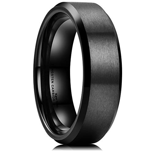 King Will Basic 6mm Black Tungsten Wedding Band Ring Matte Finish Center Beveled Polished Edge 9.5