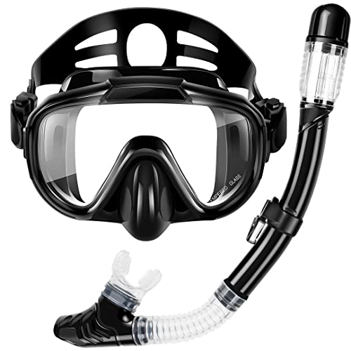 Snorkel Set, Zipoute Snorkel Dry Top Snorkeling Gear for Adults, Panoramic Anti-Leak and Anti-Fog Tempered Glass Lens, Adults Adjustable Snorkeling Set, Scuba Diving Swimming Training Snorkel Kit