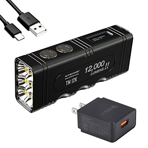 Nitecore TM12K High Lumen Flashlight, 12,000 Lumen LED USB-C Rechargeable with Digital Display and Lumentac Charger Adapter