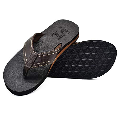 KuaiLu Men's Yoga Mat Leather Flip Flops Thong Sandals with Arch Support Brown