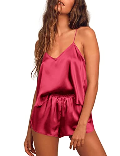 Ekouaer Womens Sexy Sleepwear Lingerie Satin Pajamas Cami Shorts Set Nightwear X,Wine Red,Small