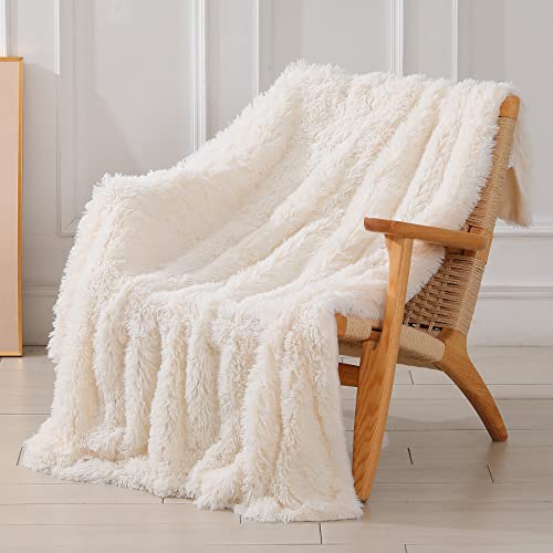 Tuddrom Decorative Extra Soft Fuzzy Faux Fur Throw Blanket 50' x 60',Solid Reversible Long Hair Shaggy Blanket,Fluffy Cozy Plush Comfy Microfiber Fleece Blankets for Couch Sofa Bedroom,Cream White