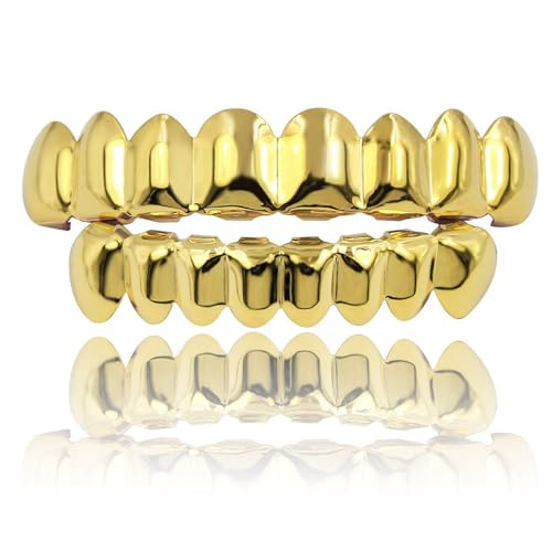 JINAO Gold Grills for Your Teeth 18K Gold Plated Grillz Finish 8 Top Teeth 8 Bottom Tooth Grillz Hip Hop Mouth Grills for Men Women (Gold Set)