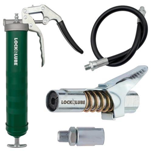 LockNLube Heavy-Duty Pistol Grip Grease Gun. Includes our patented LockNLube Grease Coupler (Locks On, Stays On, Won't Leak!) plus a high-quality 20' hose and in-line hose swivel