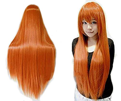 ANOGOL Hair Cap+32inch/80cm Orange Wig Long Straight Wig with Bangs Cosplay Wig Synthetic Hair Wigs Peluca Naranja for Anime Cosplay Wig Ginger Wig with Bangs for Halloween Costumes Women Wigs Cosplay