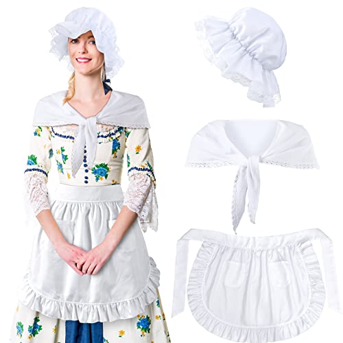 Hercicy 3 Pieces Colonial Costume Set White Mob Cap Bonnet Shawl Waist Apron Pilgrim Costume Accessories for Women Girls