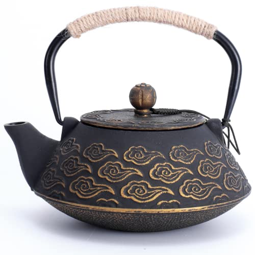 Cast Iron Teapot, Japanese Tea Pot with Infuser for Loose Leaf, Tea Kettle Stovetop Safe Coated with Enameled Interior, Clouds Pattern 27oz, 800ml Black