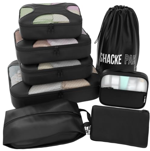 Shacke Pak - 8 Set Packing Cubes - Travel Organizers with Laundry Bag (Black)
