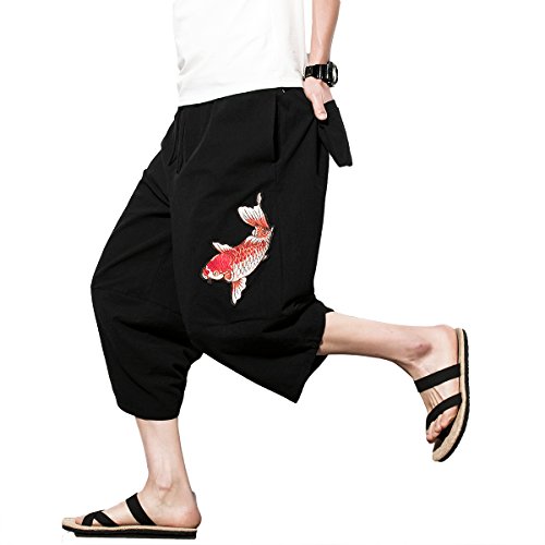 INVACHI Men's Linen Harem Capri Pants Lightweight Elastic Waist Casual Baggy Pants Beach Yoga Trousers A-Black