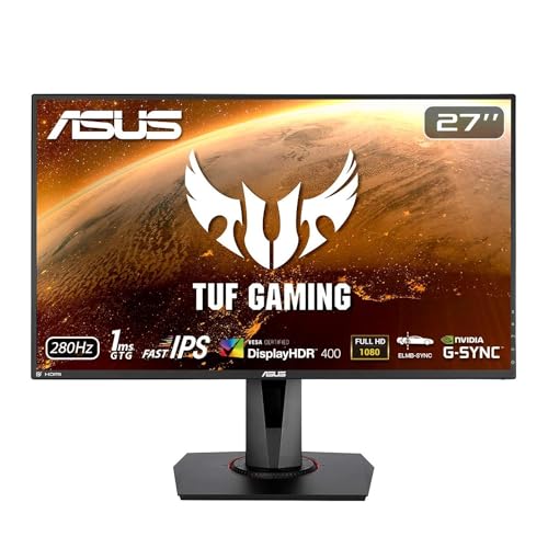 ASUS TUF Gaming VG279QM 27” HDR Monitor, 1080P Full HD (1920 x 1080), Fast IPS, 280Hz, G-SYNC Compatible, Extreme Low Motion Blur Sync (ELMB SYNC), 1ms, DisplayHDR 400,, BLACK