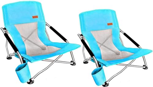 Nice C Adults Low Beach Chair, Sling, Folding, Portable, Concert, Kids, Boat, Sand Chair with Cup Holder & Carry Bag (2 Pack of Blue)