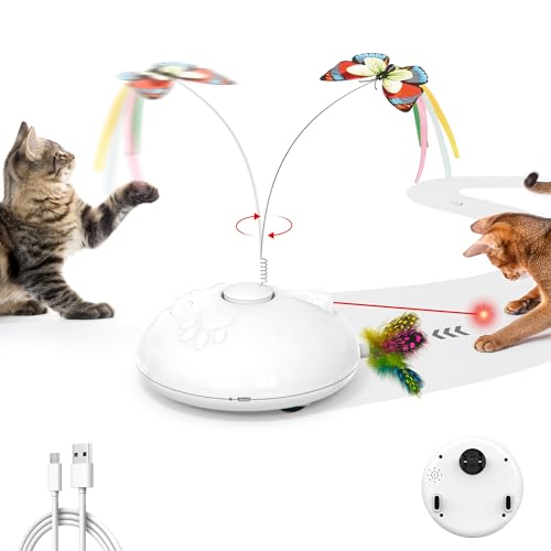Potaroma Electric Running Cat Laser Toys Interactive, Fluttering Butterfly, 4in1 Automatic Rechargeable Kitten Toy, Colored Feather, Indoor Exercise Cat Kicker, White