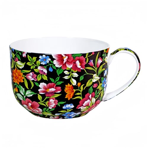 PMNING 25 Ounce Soup Bowls with Handles Bone China Soup Mug with Handles Flora Soup Cup Large Soup Bowl for Coffee Cereal Oatmeal Latte (Black)