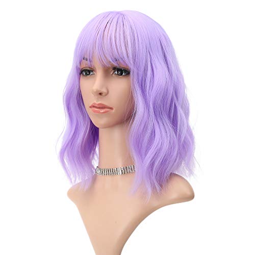 FAELBATY Wavy Wig Short Purple Wigs With Air Bangs Shoulder Length Wig For Women Curly Wavy Synthetic Halloween Cosplay Wig for Girl Costume Wigs (12' Purple Color)