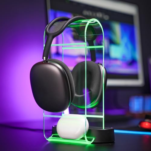 Acrylic RGB Headphone Stand w/USB Ports - Eurpmask Gaming Headset Holder| 10 Light Effect| 1 USB-C & 2 USB-A Ports| PC Gaming Accessories with RBG Light for Gamers| Clear Headset Stand for Desk-Clear