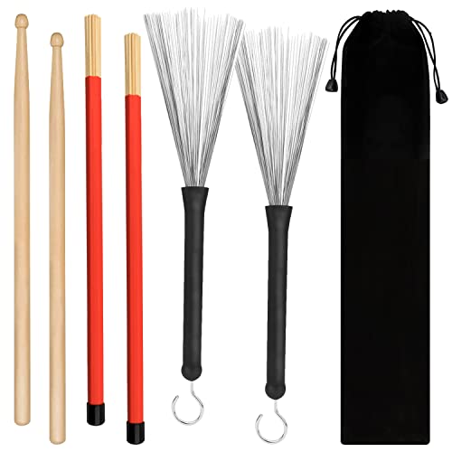 Tbrand Drum Sticks 1 Pair 5A Maple Wood Drum Sticks,1 Pair Retractable Drum Wire Brushes and 1 Pair Rods Drum Brushes set for Kids, Adults, Rock Band, Jazz Folk Students with Portable Storage Bag