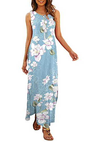 Hount Summer Dresses for Women Casual Summer Sleeveless Side Split Beach Long Dresses Flower Light Blue M