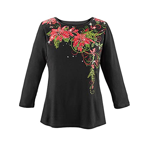 Collections Etc Poinsettia Sequin Sparkling Christmas Top with 3/4 Sleeves and Scoop Neckline Black