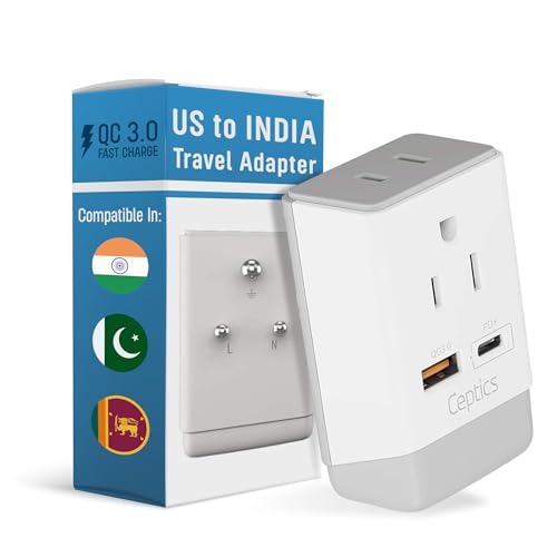 Ceptics US to India Plug Adapter, Type D Plug Adapter QC 3.0 & PD, Safe Dual USB & USB-C 18W, India Plug Adapter Fast Charging - Powerful 2 USA Sockets - Use in Pakistan Nepal Sri Lanka - AP-10