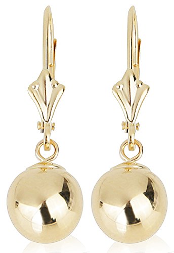 14k Yellow Gold Drop Earrings with Round Gold Ball (Lever back Ball Earrings, Balls Available in 5-8 mm) (5 mm)