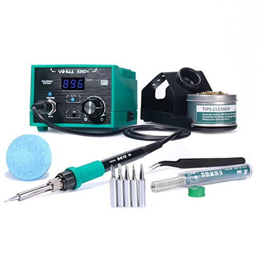 YIHUA 939D+ Digital Soldering Station, 75W Equivalent with Precision Heat Control (392°F to 896°F) and Built-in Transformer. ESD Safe, Lead Free with °C/°F display (Green)