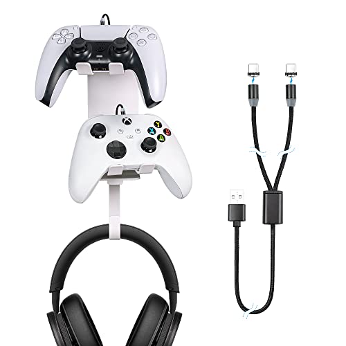 Wabracket 4 in 1 Controller and Headphone Wall Mount Holder Bundle, Universal Wall Mount for PS5 Slim/Xbox Series S &X /Switch Pro Game Controller, Stand Bracket Hanger, with a 2 in 1 Charging Cable
