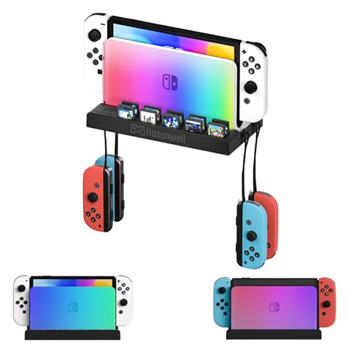 Hosanwell Switch Wall Mount, RGB Light Wall Mount for Switch/Switch OLED, with Hooks for 4 Joy-Cons, 10 Game Slots,Black