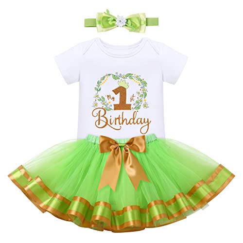 Princess and the Frog Dress - Cake Smash Party Outfit Baby Girls 1st Birthday 1 Years Old Princess Bodysuit +Tutu Skirt +Headband 3PCS Clothes Set Photo Props Fancy Dress Up Tiana Green 1T