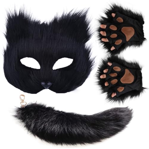 Valpeak Therian Mask and Tail Set for Girls Halloween Cat Mask Tail Cosplay Fox Mask Wolf Tail (Black Mask Set of 3)