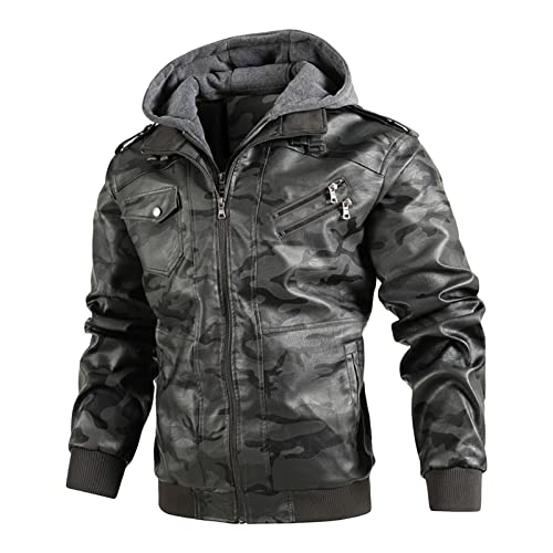 Maiyifu-GJ Men's Camo Faux Leather Jacket Winter Warm Moto Jacket with Removable Hood Pu Motorcycle Bomber Jackets Outwear (Grey,3X-Large)