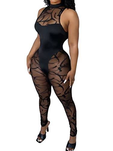 Uni Clau Women Sexy Spaghetti Strap See Through Sleeveless Bodycon Jumpsuit Patchwork Mesh Sheer Bodycon Jumpsuit Party Clubwear Catsuits Black M
