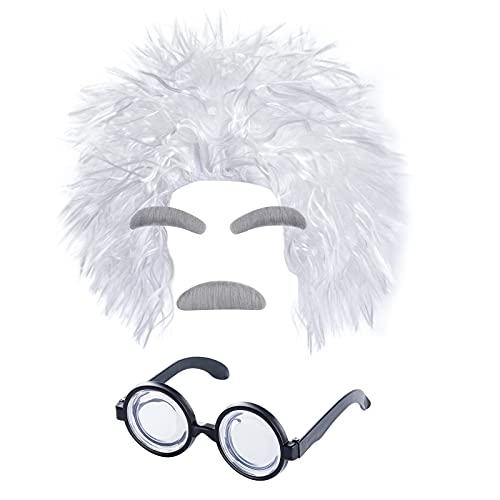 Lystaii Old Man Costume Set Mad Scientist Wig Glasses Mustache Eyebrows for Dressing up Grandpa Costume Halloween Party Cosplay Set