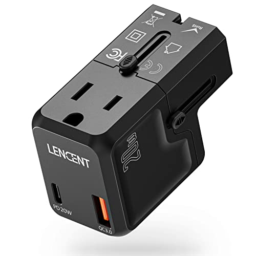 LENCENT International Travel Power Adapter, Mini All-in-One Charger, PD 20W&QC 3.0 Type-C Wall Charger, European Plug Adaptor, Universal Outlet Converter, for US to UK, Japan, EU Europe, Type A/I/G/C