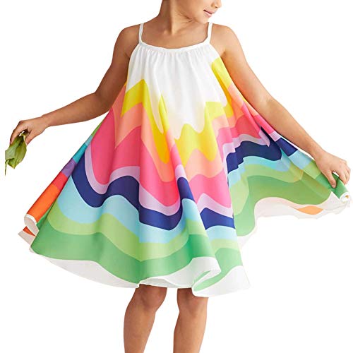 Toddler Baby Girl Summer Boho Rainbow Stripe Spaghetti Strap Beach Sun Dress (Rainbow, 5-6T)