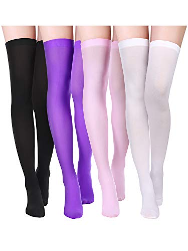 4 Pairs Women's Silk Thigh High Stockings Nylon Socks for Women Halloween Cosplay Costume Party Accessory (Black, White, Pink, Purple, Medium)