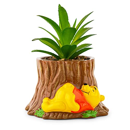Toynk Disney Winnie The Pooh Tree Stump 5-Inch Ceramic Planter with Artificial Succulent | Cute Flower Pot, Faux Indoor Plants