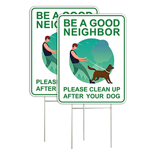 Clean Up After Your Dog Signs (2 Pack, 9 x 12') With Metal H-Stakes, Double Sided,No Dog Poop Lawn Signs,Outdoor & Sturdy