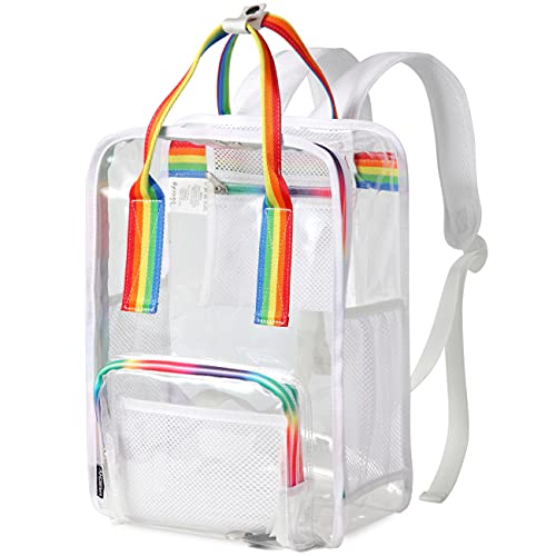 VASCHY Clear backpack, Heavy Duty Transparent See Through School Backpack for Women Men Clear BookBag School Bag with Mesh Water Bottle Pocket Square Rainbow