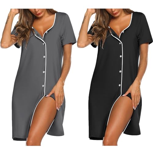 Ekouaer Womens Button Sleepshirt 2 Pack Short Sleeve Night Shirt Soft Sleepwear Nightgown Housedress Black & Grey Large