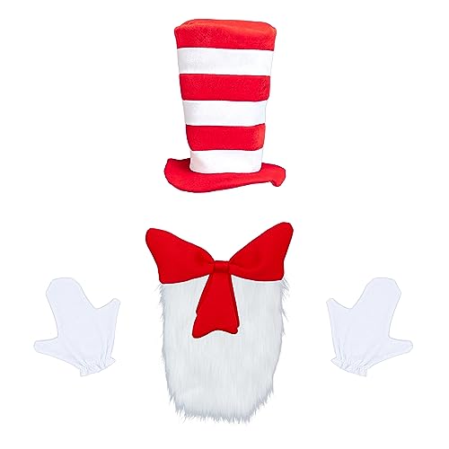 Red Striped Hat White Gloves White Furry Cloth Red Bow 5 Pack Halloween Cosplay Costume Accessories Party Favors Men Women