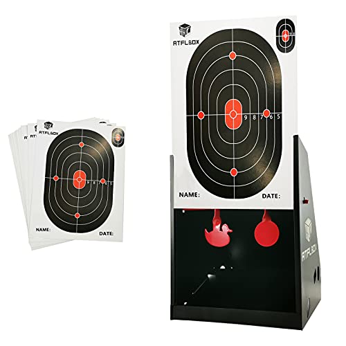 Atflbox 7 x 9 Inch BB Gun Target Trap with 10pcs Paper Targets and Spinning Metal Silhouettes Shooting Targets for Backyard, Outdoor, Indoor, Suitable for Airsoft, Rifle, Pellet Gun