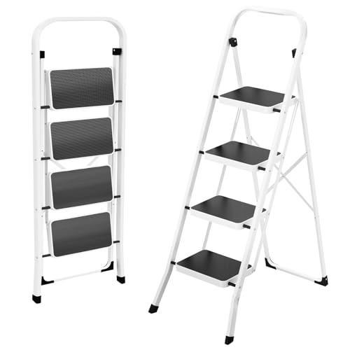 HBTower Step Ladder 4 Step Folding Ladder, Lightweight Portable Stepladder with Anti-Slip Pedal, Ladders with Convenient Handrails,330 lbs Capacity Step Stool for Kitchen, Home,White