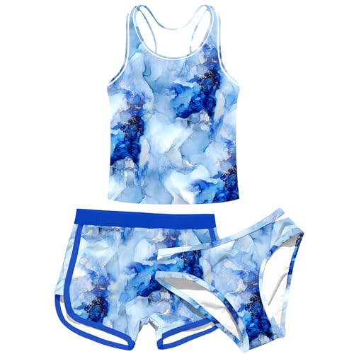 uideazone Teenager Girl 3pc Swimsuits 12t Marbling Racer Back Bathing Suit with High Elasticity Shorts Round Neck Tankini Swimwear Sets 12-13 Years