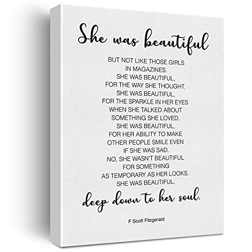 Inspirational Wall Decor She Was Beautiful F. Scott Fitzgerald Quote Canvas Painting Prints for Home Dining Room Living Room Wall Decor Framed Artwork Gifts(12x15 Inch)