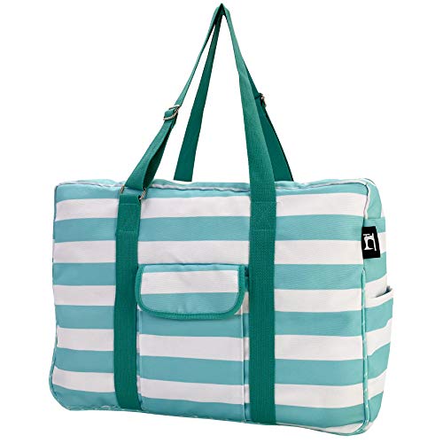 Hibala Canvas Waterproof Beach Bag,Gym/Travel/Pool Bag,Tote For Women&Men,with Adjustable Handle (Green Stripe)