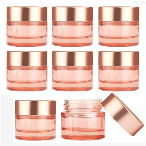 8 Pack Pink Glass Cream Jar Empty Sample Jars Cosmetic Container Travel Jars With Rose Gold Lids For Cream Lotion (10g)