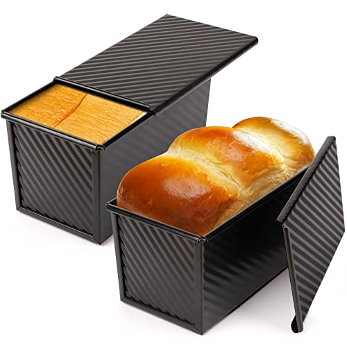 Beasea Pullman Loaf Pan with Lid, 2 Pack Non-Stick Black Bread Loaf Pans for Homemade Bread 1 lb Carbon Steel Bread Toast Box with Cover for Bakeware Bread Toast Oven Baking