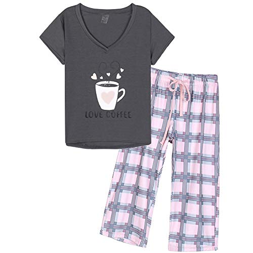 HONG HUI Women's Capri Pajama Sets Plus Size Sleepwear Top with Capri Pants 2 Piece Sleep Set Grey
