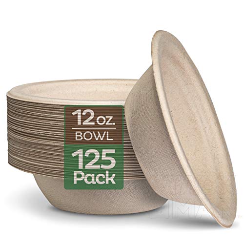 Paper Bowls, 100% Compostable Disposable Soup Bowl [125-Pack] - (PFAS-Free) - (BPI Certified) - [12 oz] Heavy Duty, Eco-Friendly, Biodegradable Bagasse Hot Food Plates and Bowls - Natural Brown